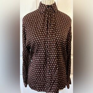 Vintage Anne Klein II 100% Silk Brown Geometric Check Secretary Blouse Size 10